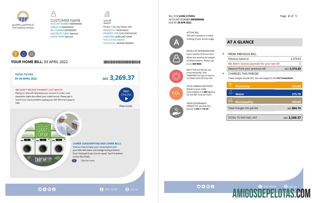 Para baxiar Emirados Árabes Unidos Abu Dhabi Al Ain Distribution Co. Modelo de conta de serviços públicos em Word e PDF (5 páginas) 1 2